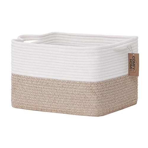 COMFY-HOMI Cotton Rope Woven Basket with Handles for Shelves,Toys,Book, Cloth Storage Baskets Bin for Organizing- 1 PCSToy Decorative Organizer for Living Room, Bathroom - color: White/Brown, size: 13.5"X11"X9.5"