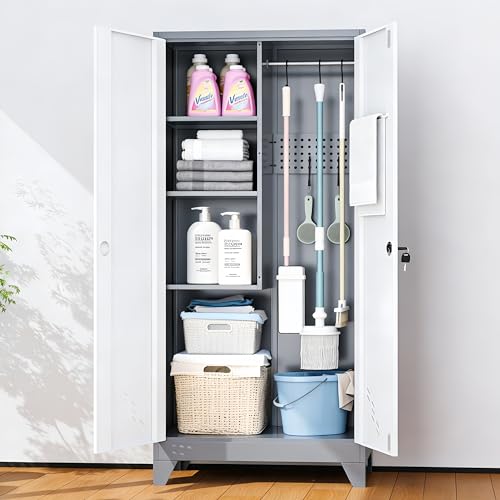 Broom Closet Storage Cabinet, Metal Garage Storage Cabinet with 2 Doors & Pegboard, 61" Utility Cabinet with Hanging Rod, Tool Cabinet for Garage, Laundry Room, Home Office, White-Gray - size: 61" Garage Cabinets