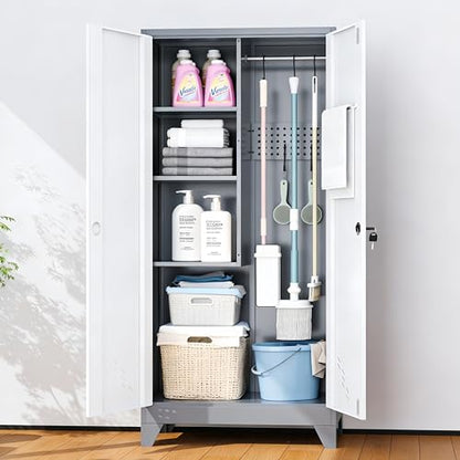 Broom Closet Storage Cabinet, Metal Garage Storage Cabinet with 2 Doors & Pegboard, 61" Utility Cabinet with Hanging Rod, Tool Cabinet for Garage, Laundry Room, Home Office, White-Gray - size: 61" Garage Cabinets
