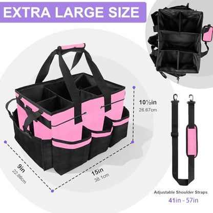 ALSLEA Cleaning Caddy Bag Heavy-Duty Organizer Tote for Housekeepers, Janitors & Home Cleaning Supplies with Adjustable Shoulder Strap & Multiple Pockets (Pink)