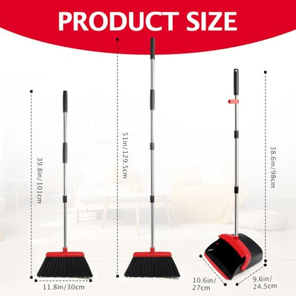 Broom and Dustpan Set with Long Handle, Heavy Dust Broom and Dustpan Combo for Home，Kitchen, Office, Pet Hair (Black Red) - color: Red Black 1-pack