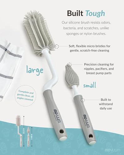 Moyuum Silicone Baby Bottle and Nipple Brush Set | Made in Korea, 360 Degree Rotating Handle, Soft Bristles, Hanging Hole for Quick Drying and Storage, Dishwasher Safe (Cool Grey) - color: Cool Grey