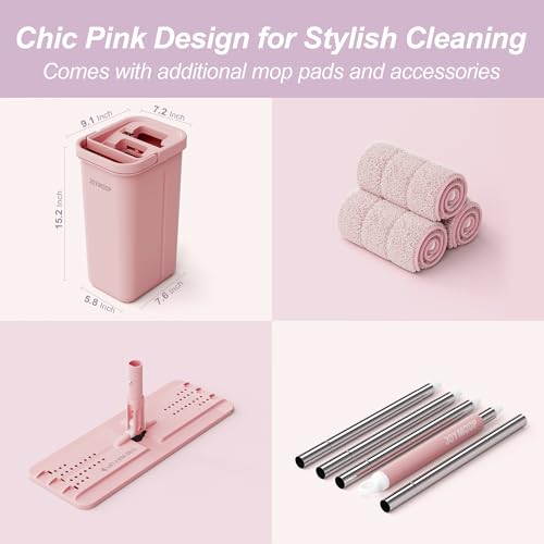 JOYMOOP Pink Mop and Bucket with Wringer Set for Home, with 3 Reusable Microfiber Mop Pads, Hands-Free Self-Cleaning System, Suitable for Floor Cleaning and Wall Cleaner - size: Middle Pink Bucket #13 + 60" Flat Mop + 3 Pads