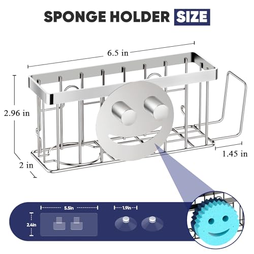 MURLONG Sponge Holder for Kitchen Sink,Sink Caddy Smiley Face,4-in-1 Sponge Holder with Suction Cups & 1 PCS Adhesive Strips for Holding Soap,Brush,Scrubber,Sponge,Stopper-Silver - color: Silver