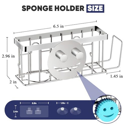 MURLONG Sponge Holder for Kitchen Sink,Sink Caddy Smiley Face,4-in-1 Sponge Holder with Suction Cups & 1 PCS Adhesive Strips for Holding Soap,Brush,Scrubber,Sponge,Stopper-Silver - color: Silver