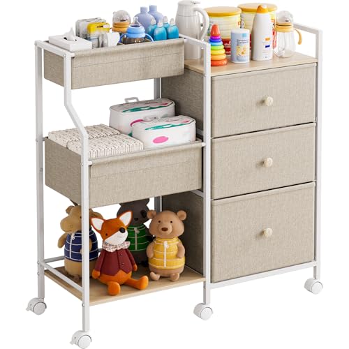 Modanais Baby Organizer and Storage - 3 Tier Rolling Cart with Dividers and Drawers, Easy To Assemble, Mobile Utility Cart with Wheels for Nursery, Bedroom, Changing Table & Crib,Off White - color: Off White