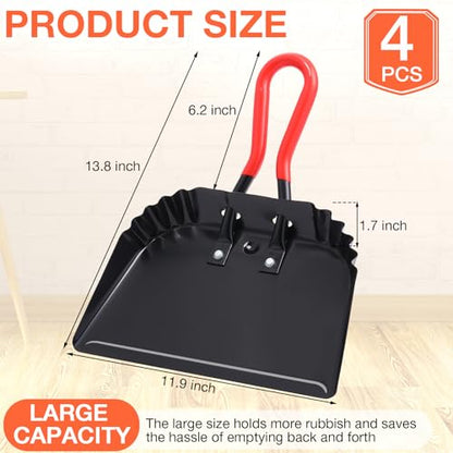 Uiifan 4 Pcs Industrial Metal Dustpans 12" Heavy Duty Dust Pan with Handle Commercial Dustpan Wide Scooper Dust and Debris Sweeping Tool Precision Edge Rubber Grip Loop Handle (Black)