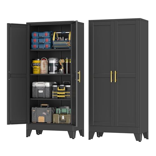 pozdeg 61" Metal Garage Storage Cabinet, Heavy Duty Steel Tool Cabinet with 2 Doors & 3 Adjustable Shelves, Freestanding Organizer Cabinet for Garage Home Office Basement (Black) - color: Black, size: 61"H