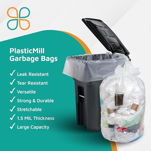 PlasticMill Heavy Duty Trash Bags - Clear Garbage Bags - Plastic Rubbish Sacs for Large Rolling Trash Bins - Tall Plastic Bags - 95-Gallon Large Kitchen Trash Bags, 1.5 Mil, 61"x68" (30-Count) - size: 1 Count (Pack of 30)