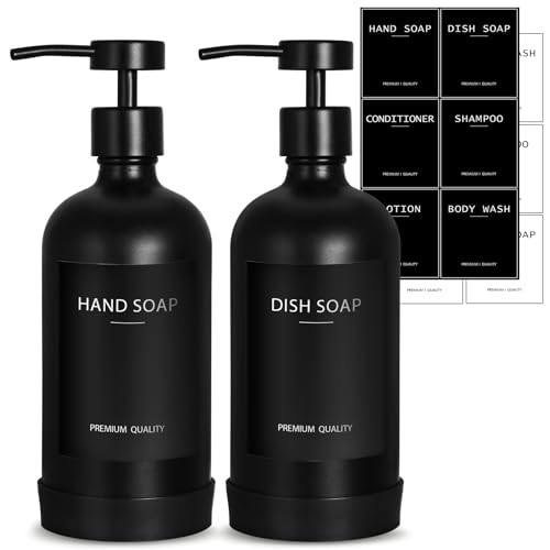 Black Glass Soap Dispenser with Stainless Steel Pump, 16.9 Fl oz Soap Dispenser Set for Kitchen, Matte Black Hand Dish Soap Dispensers for Kitchen and Bathroom, Lotion Dispenser Bathroom Decor - color: Black, size: 2 Pack
