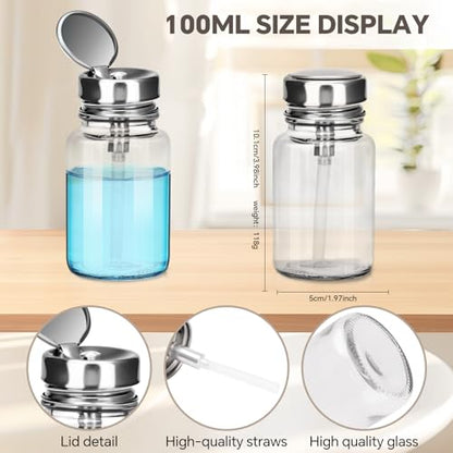 2-Pack 100ml/3.38oz Clear Glass Pump Dispenser Bottle with Metal Flip Top, Nail Polish Remover/Makeup Remover Refillable Press Container, 3.98×1.97 Inch Compact Size for Home, Travel & Salon - size: Circle + Circle