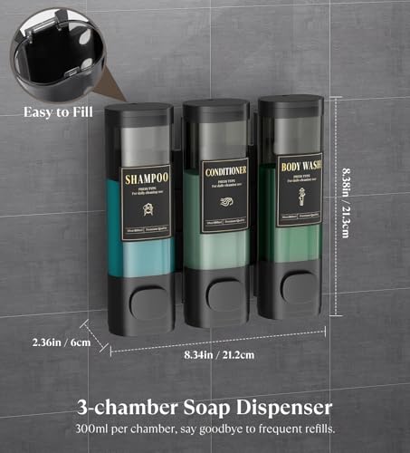 Luxspire Shampoo and Conditioner Dispenser, No Drill Wall Mounted Shower Soap Dispenser 3 Chamber with Waterproof Labels, Easy Refill Soap Dispenser for Bathroom Hotel Kitchen, Black - color: Black, size: 3 Chamber