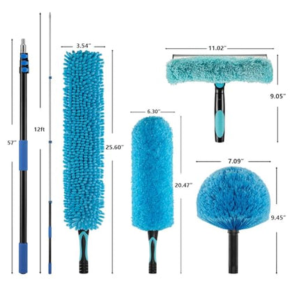 20 Foot Fan Cleaner High Ceiling 2 Cobweb Dusters with Heavy Duty Extension Pole, Window Squeegee Kit, Household Cleaning Gloves(12ft) - size: 12ft