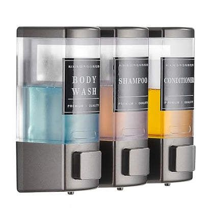 Shampoo and Conditioner Dispenser for Shower,3 Chamber, Grey | Wall Mounted, No Drill, 3×16.9oz,ABS Plastic Material,Refillable With Labels, For Bathroom Hotel - color: Gray