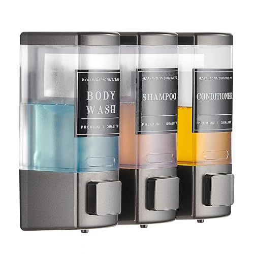 Shampoo and Conditioner Dispenser for Shower,3 Chamber, Grey | Wall Mounted, No Drill, 3×16.9oz,ABS Plastic Material,Refillable With Labels, For Bathroom Hotel - color: Gray