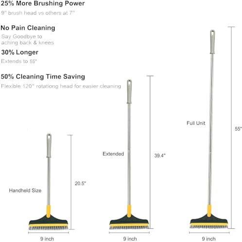 2 in 1 Cleaning Floor Scrub Brush Floor Brush Scrubber New Upgraded 53.5" Long Handle Grout Brush Scrape V-Shape Stiff Bristle Cleaning Brush with Squeegee 120°Rotating Tile Brush for Bathroom - color: Gray