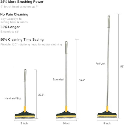 2 in 1 Cleaning Floor Scrub Brush Floor Brush Scrubber New Upgraded 53.5" Long Handle Grout Brush Scrape V-Shape Stiff Bristle Cleaning Brush with Squeegee 120°Rotating Tile Brush for Bathroom - color: Gray
