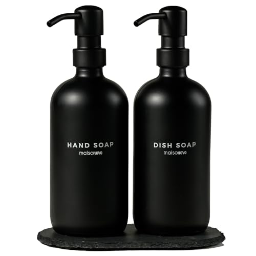 MaisoNovo Soap Dispenser 3 Piece Set - 16.9oz Black Bottles with Black Stainless Steel Pump Core - color: Black Bottles/ Black Pumps/ Black Slate Tray