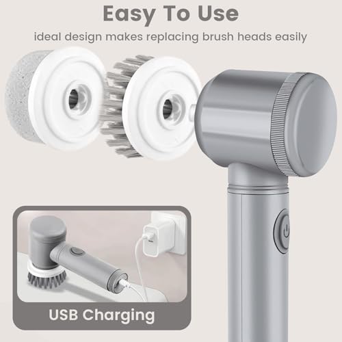 Electric Spin Scrubber, Cordless Bathroom Cleaning Brush IPX6 Waterproof with 6 Replaceable Heads, Power Scrubber for Bathtub, Tiles, Car Wash, Kitchen & Multi-Surface Home Cleaning