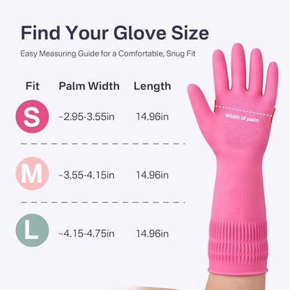 Rubber Dishwashing Gloves, 3 Pairs, Reusable Cleaning Dish Gloves for Kitchen, Non-Slip, Waterproof Dish Washing, Long Cuff for Woman (Red+Pink+Green, Medium)