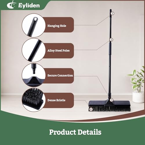 Eyliden 18" Push Broom for Deck Driveway Patio Garage | Heavy-Duty Stiff Bristles Sweeper with 66" Adjustable Handle | Outdoor Concrete Sidewalk Yard Snow Cleaning Tool, Black