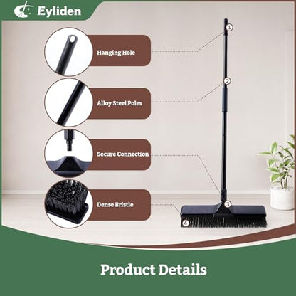 Eyliden 18" Push Broom for Deck Driveway Patio Garage | Heavy-Duty Stiff Bristles Sweeper with 66" Adjustable Handle | Outdoor Concrete Sidewalk Yard Snow Cleaning Tool, Black