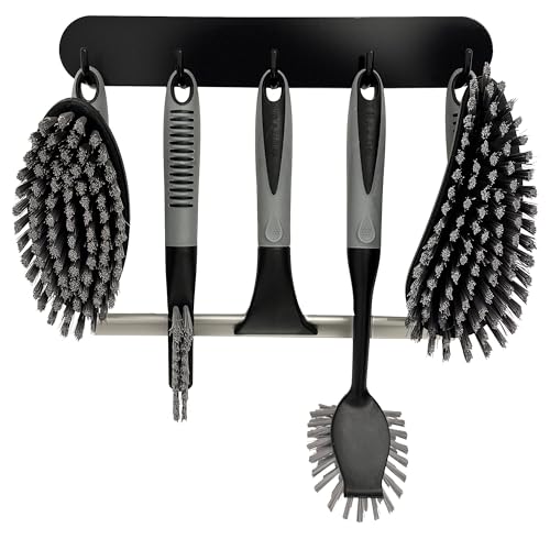 Scrub Brush Set of 6 pcs - Cleaning Shower Scrubbers with Squeegee for Shower Glass and Adhesive Wall Hooks Including Grout Cleaner Brush, Scrub Brushes for Cleaning Bathroom, Shower, Tile, Bathtub - color: Black, Set of 6