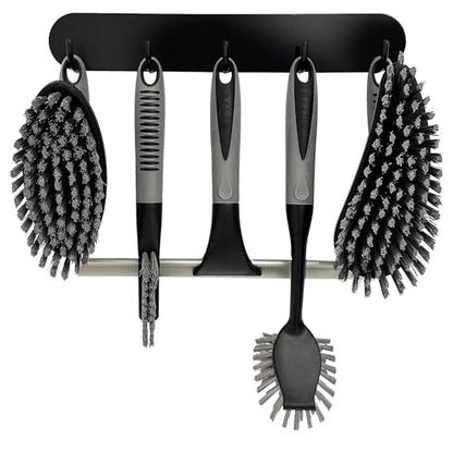 Scrub Brush Set of 6 pcs - Cleaning Shower Scrubbers with Squeegee for Shower Glass and Adhesive Wall Hooks Including Grout Cleaner Brush, Scrub Brushes for Cleaning Bathroom, Shower, Tile, Bathtub - color: Black, Set of 6