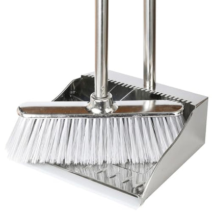 Metal Dustpan with Soft Bristles Broom Heavy Duty Stainless Steel Upright Standing Dust Pan and Broom for Sweeping Indoor Outdoor Home Kitchen Office Lobby Hardwood Floor Cleaning