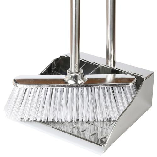 Metal Dustpan with Soft Bristles Broom Heavy Duty Stainless Steel Upright Standing Dust Pan and Broom for Sweeping Indoor Outdoor Home Kitchen Office Lobby Hardwood Floor Cleaning
