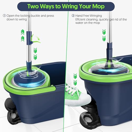 Spin Mop and Bucket with Wringer Set, 360° Rotating Microfiber Mop, Adjustable Handle, Hands-Free Wringing, Reusable Mop Heads (Green mop and Bucket + 3 mop Head) - color: Green Mop and Bucket + 3 Mop Head