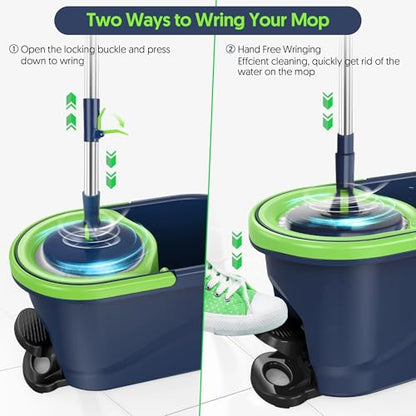 Spin Mop and Bucket with Wringer Set, 360° Rotating Microfiber Mop, Adjustable Handle, Hands-Free Wringing, Reusable Mop Heads (Green mop and Bucket + 3 mop Head) - color: Green Mop and Bucket + 3 Mop Head