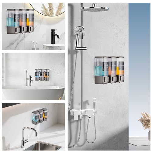 Shampoo and Conditioner Dispenser for Shower,3 Chamber, Grey | Wall Mounted, No Drill, 3×16.9oz,ABS Plastic Material,Refillable With Labels, For Bathroom Hotel - color: Gray
