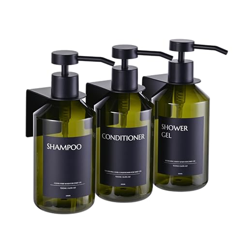 Shampoo and Conditioner Dispenser Set of 3 for Wall Mount,16.9 fl oz Drill Free Shower Soap Bottles with Labels,Refillable Body Wash Dispensers for Bathroom Decor (Green Bottle Black Pumps) - color: Green Bottle Black Pumps