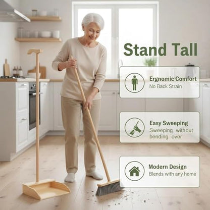 Wooden Dustpan – Long Handle Standing Dust Pan for Home, Lobby, Shop, Garage & Yard