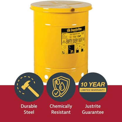 Justrite 14 Gallon Galvanized Steel Oily Waste Can, 20" x 16" Metal Oil Rag Safety Can with Hand Operated Self-Closing Lid for Oil Rag Disposal, Made in The USA, Yellow, 09511 - color: Yellow, size: 14 Gallon, style: Hand-Operated Lid