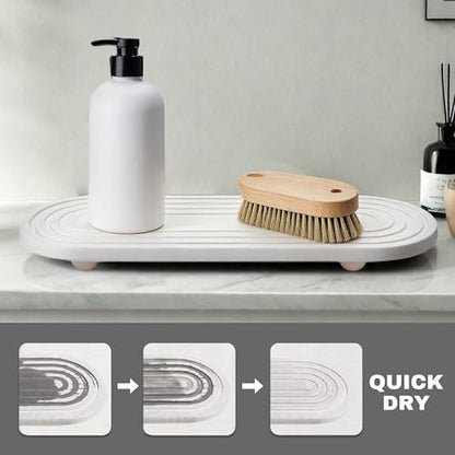 Instant Dry Sink Caddy Organizer, Fast Drying Sink Caddy, Water Absorbing Stone Sponge Holder for Kitchen and Bathroom Countertop with Natural Loofah and Wooden Feet - color: White
