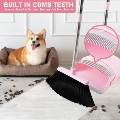 Pink Broom and Dustpan Set for Home, 52-in Long Handle Broom with Dustpan Combo with Dustpan Teeth Easy to Scrape Off Pet Hair, Indoor&Outdoor Sweeping（Pink） - color: Pink&grey