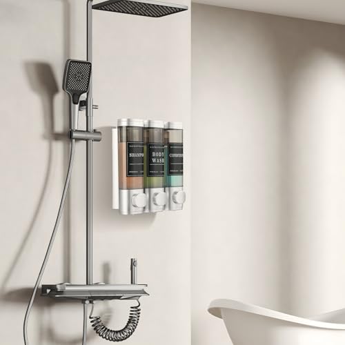 Shower Soap Dispenser Wall Mounted No Drill Shampoo Dispenser for Shower Wall Shampoo and Conditioner Dispenser Bathroom Hotel 3 * 300ml Sliver with Labels - color: Silver 3
