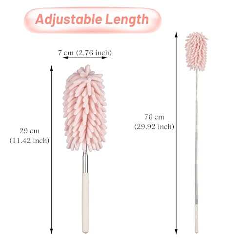Pink Retractable Microfiber Duster for Cleaning Extendable Feather Duster Household Cleaning Tool for Cleaning Car, Office, Window, Furniture