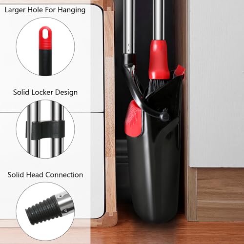 Broom with Dustpan Combo Set, 43” Long Handle Broom and Dustpan Set, Upright Standing Dust Pan for Home and Kitchen, Brooms for Sweeping Indoor（Black&Red）