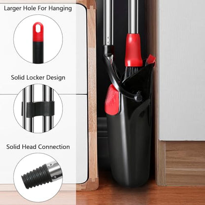 Broom with Dustpan Combo Set, 43” Long Handle Broom and Dustpan Set, Upright Standing Dust Pan for Home and Kitchen, Brooms for Sweeping Indoor（Black&Red）