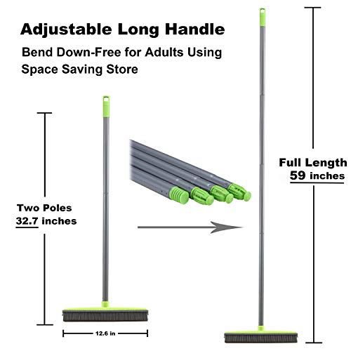 LandHope Push Broom Long Handle Rubber Bristles Sweeper Squeegee Edge 59 inches Non Scratch Bristle Broom for Pet Cat Dog Hair Carpet Hardwood Tile Windows Clean Water Resistant (Multi Segment Handle) - color: Grey-green