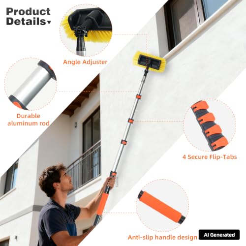 12FT Car Wash Brush with Long Handle, Car Cleaning Brush with 12" Soft Bristle and 12" Hard Bristle, 3-12Ft Telescopic Pole for Scratch-Free Cleaning Truck,RV, Boats,House Siding,Floors,Solar Panels - color: 12ft-orange