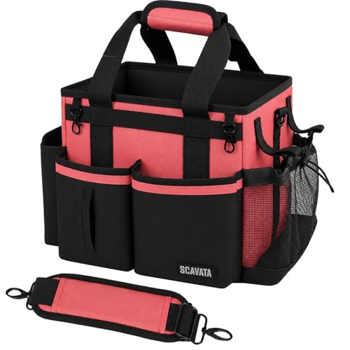 SCAVATA Compact Wearable Cleaning Caddy, Small Cleaning Supplies Organizer with Handle & Shoulder Straps for Housekeepers, under Sink & Car Cleaning Tool Organizers Bag (Coral Pink) - color: CaralPink