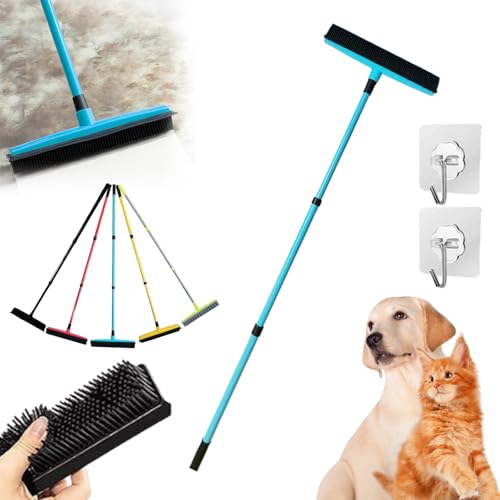 Three-Section Telescopic Pole Carpet Delinting Broom, Pet Hair Removal Broom, Multi-Surface Squeegee Rubber Broom, Extendable Rubber Broom Pet Hair Remover for Carpet Couch (Blue) - color: Blue