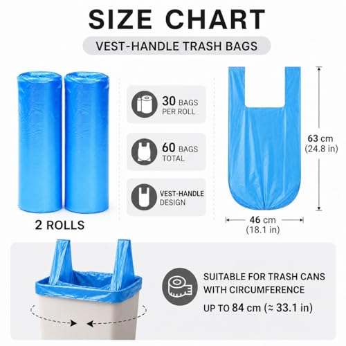 Trash Bags Small Garbage Bags with Handle 2 Rolls 60 Count Strong Kitchen Bathroom Waste Bags Leak Resistant Disposable Bin Liners Black - color: Blue