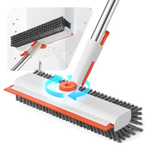 Floor Scrub Brush with Long Handle, 3 in 1 Scrape and Heavy-Duty Stiff Bristle Floor Scrubber Brush with Squeegee and Tweezer for Cleaning Tile Wall Deck (Orange and White) - color: Orange and White