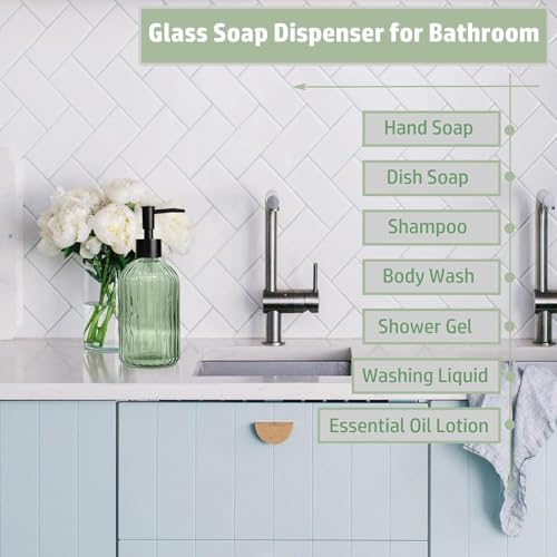 14 Oz Black Pump Glass Soap Dispenser, Green Stripe Countertop Refillable Liquid Bottle Hand Dish Lotion Dispenser with Plastic Pump, for Kitchen, Bathroom, 2 Pack - color: 2 Packs Green