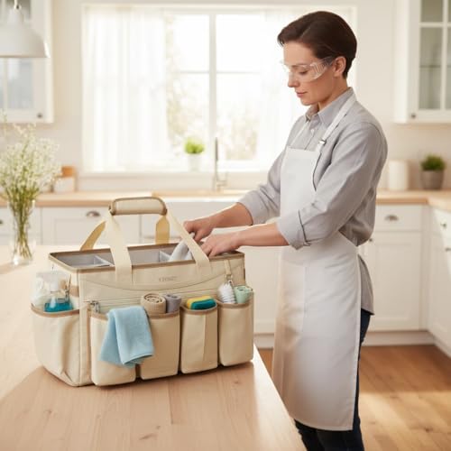 Ytonet Extra Large Cleaning Caddy Bag with Detachable Apron, Cleaning Supplies Organizer with Foldable Dividers, Portable Cleaner Tote with Handle, Cleaner Caddy for Kitchen, Detailing Bag, Apricot - color: Apricot